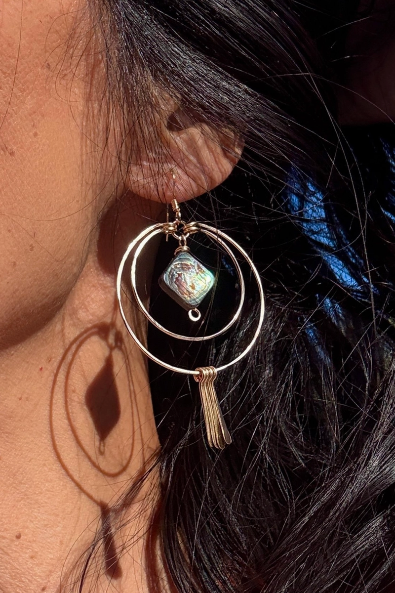 Quinn Sharp - Double Circle Hoop Abalone and Fringe in 14k Gold Fill