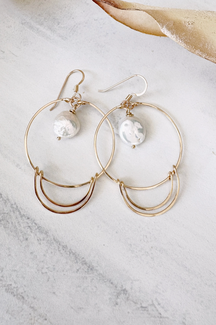 Quinn Sharp - Freshwater Pearl Coin Dangle Hoops Double Crescent in 14k Gold Filled