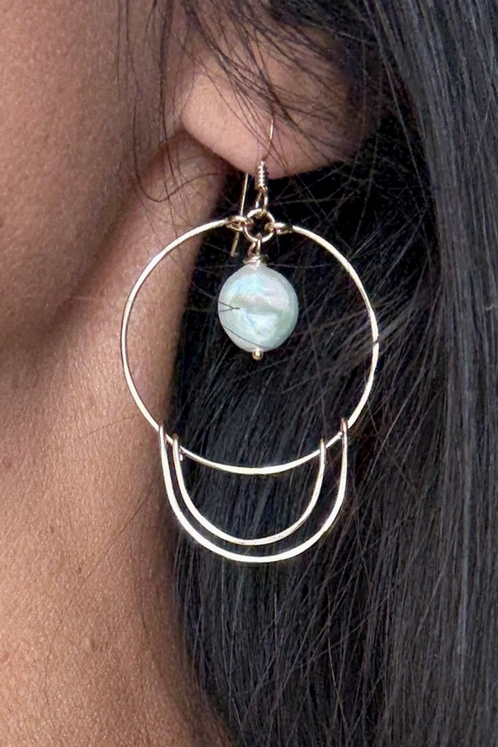 Quinn Sharp - Freshwater Pearl Coin Dangle Hoops Double Crescent in 14k Gold Filled