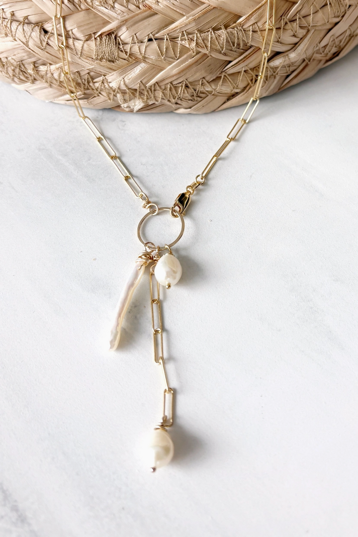 Quinn Sharp - Paperclip Lariat Freshwater Pearl Necklace in 14k Gold Fill