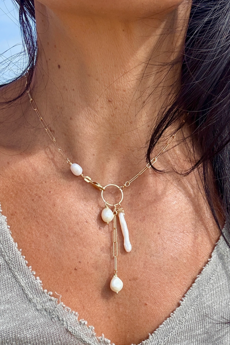 Quinn Sharp - Paperclip Lariat Freshwater Pearl Necklace in 14k Gold Fill