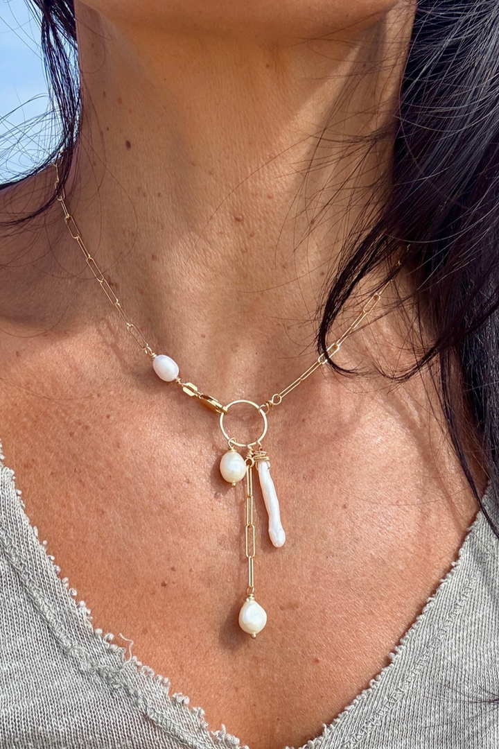 Quinn Sharp - Paperclip Lariat Freshwater Pearl Necklace in 14k Gold Fill