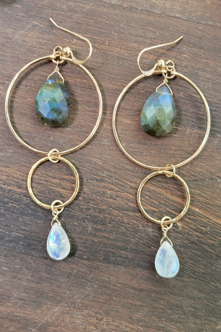 Leo Eleven Jewelry - Labradorite Moonstone Dangle Hoop Earrings 14k Gold Filled