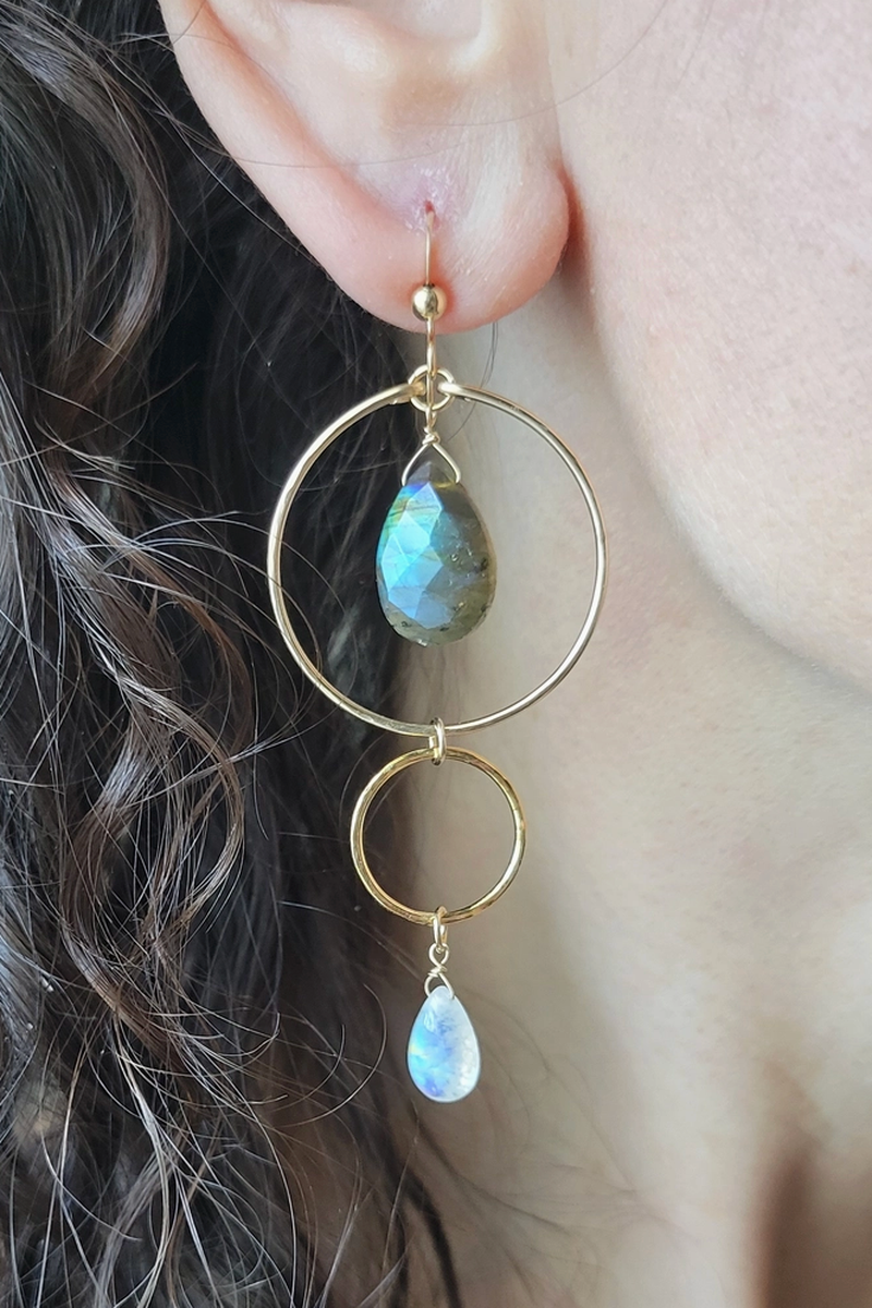 Leo Eleven Jewelry - Labradorite Moonstone Dangle Hoop Earrings 14k Gold Filled