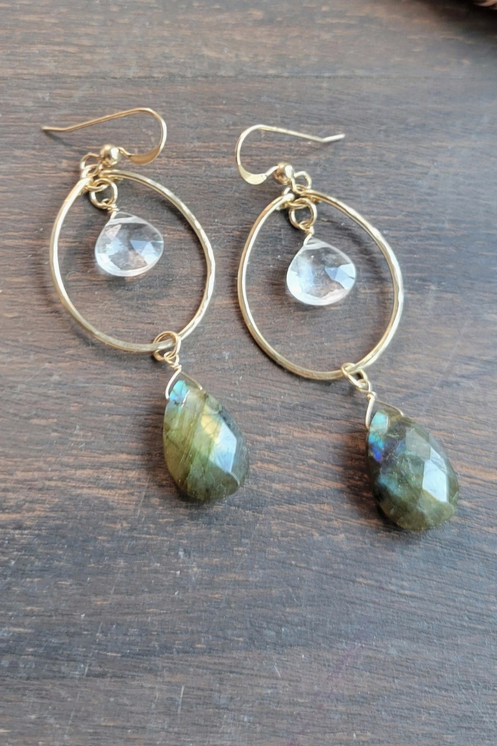 Leo Eleven Jewelry - Labradorite Quartz Dangle Hoop Earrings 14k Gold Filled