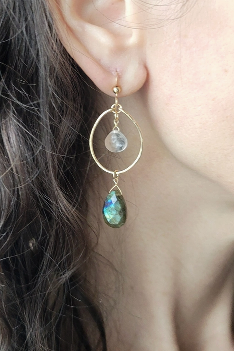 Leo Eleven Jewelry - Labradorite Quartz Dangle Hoop Earrings 14k Gold Filled