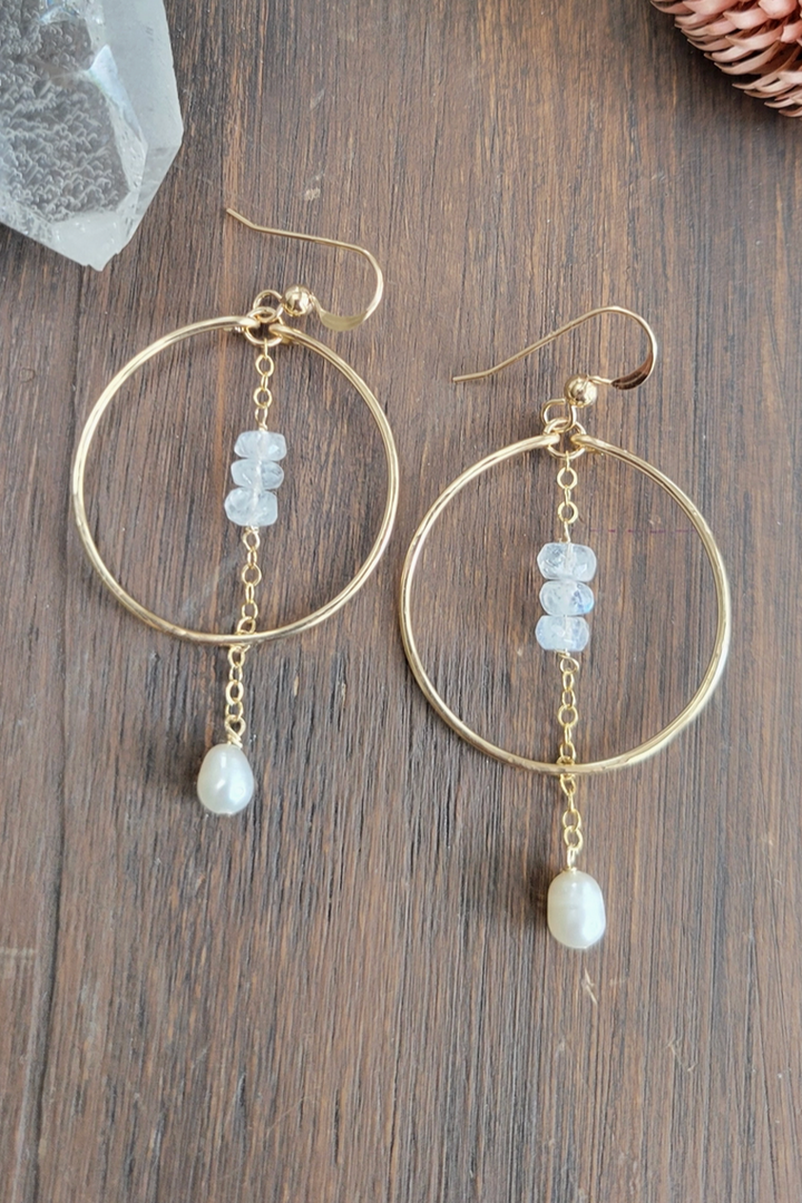Leo Eleven Jewelry - Moonstone and Pearl Dangle Hoop Earrings 14k Gold Filled