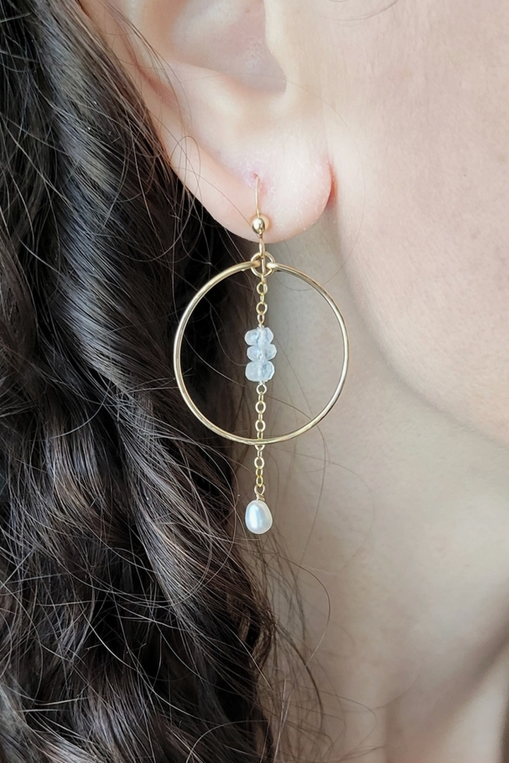 Leo Eleven Jewelry - Moonstone and Pearl Dangle Hoop Earrings 14k Gold Filled