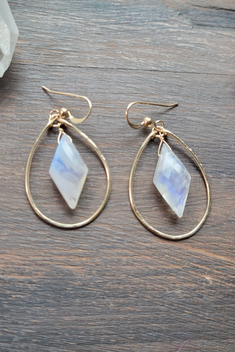 Leo Eleven Jewelry - Rainbow Moonstone Hoop Dangle Earrings