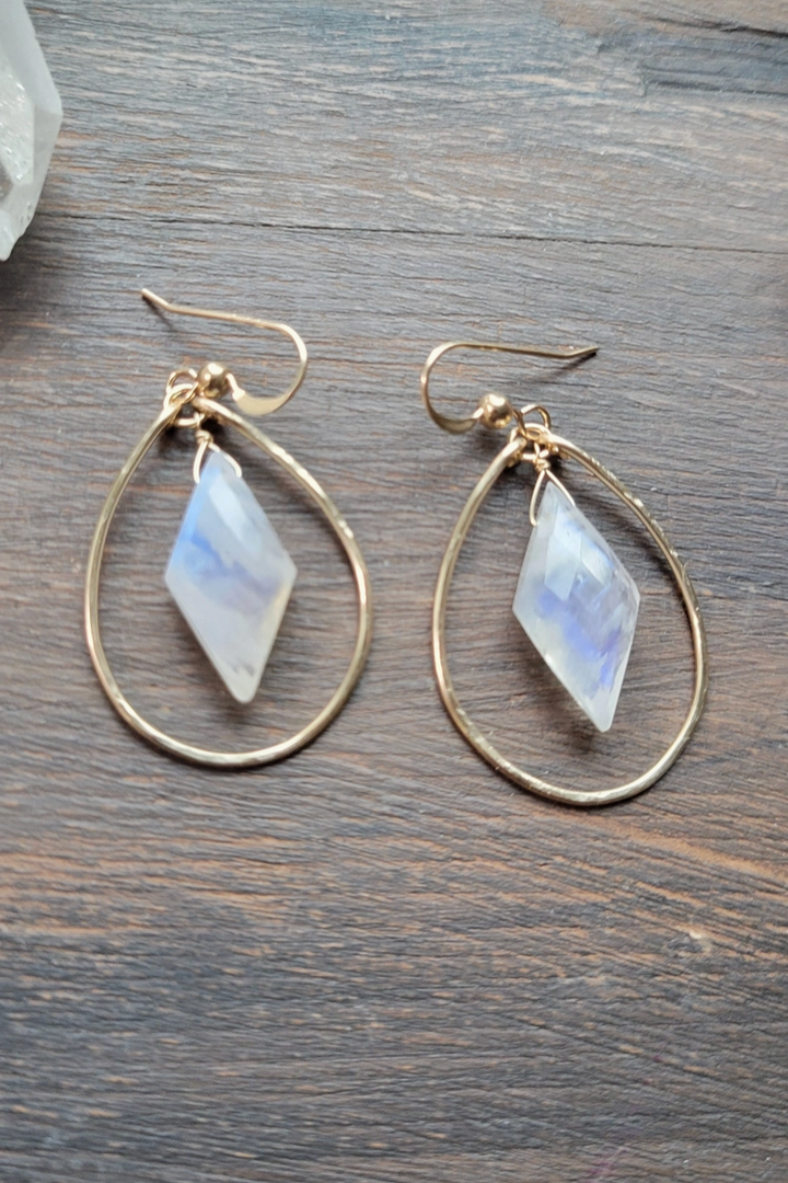 Leo Eleven Jewelry - Rainbow Moonstone Hoop Dangle Earrings
