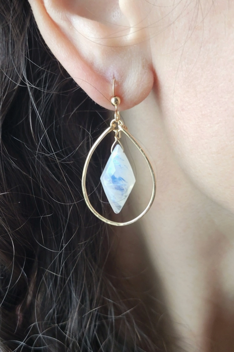 Leo Eleven Jewelry - Rainbow Moonstone Hoop Dangle Earrings