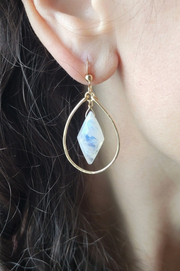 Leo Eleven Jewelry - Rainbow Moonstone Hoop Dangle Earrings