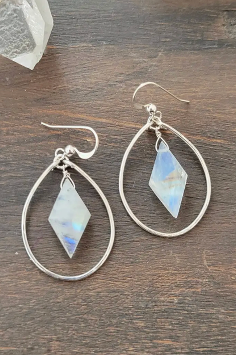 Leo Eleven Jewelry - Rainbow Moonstone Hoop Dangle Earrings