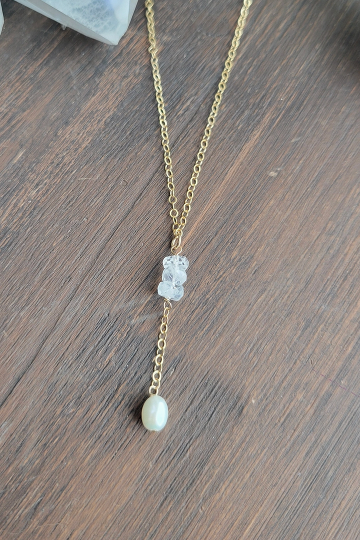Leo Eleven Jewelry - Moonstone and Pearl Y Necklace 14k Gold Filled