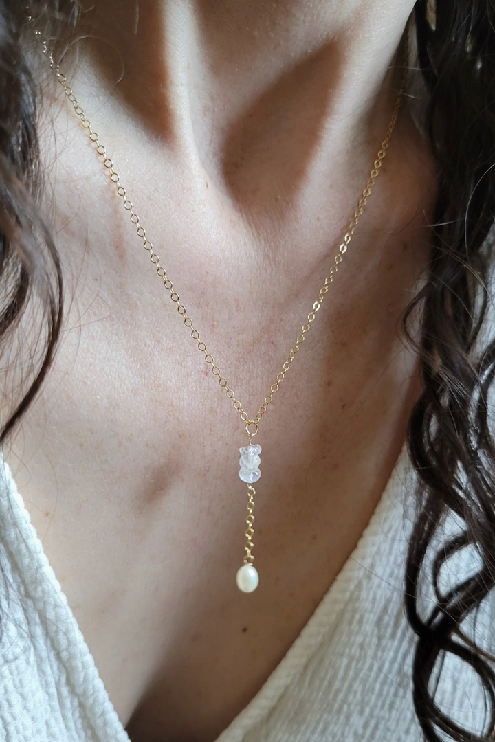 Leo Eleven Jewelry - Moonstone and Pearl Y Necklace 14k Gold Filled