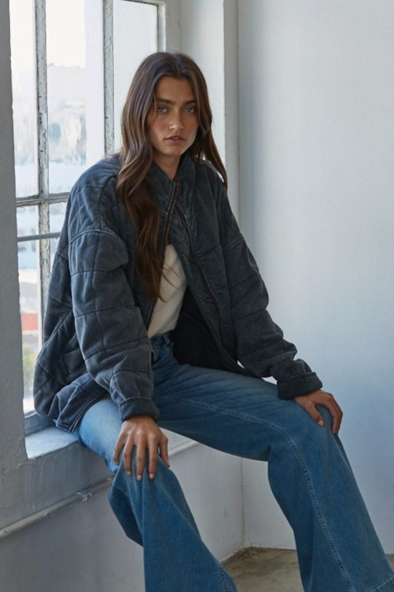 By Together - Long Sleeve Quilted Knit Mineral Washed Jacket in Charcoal