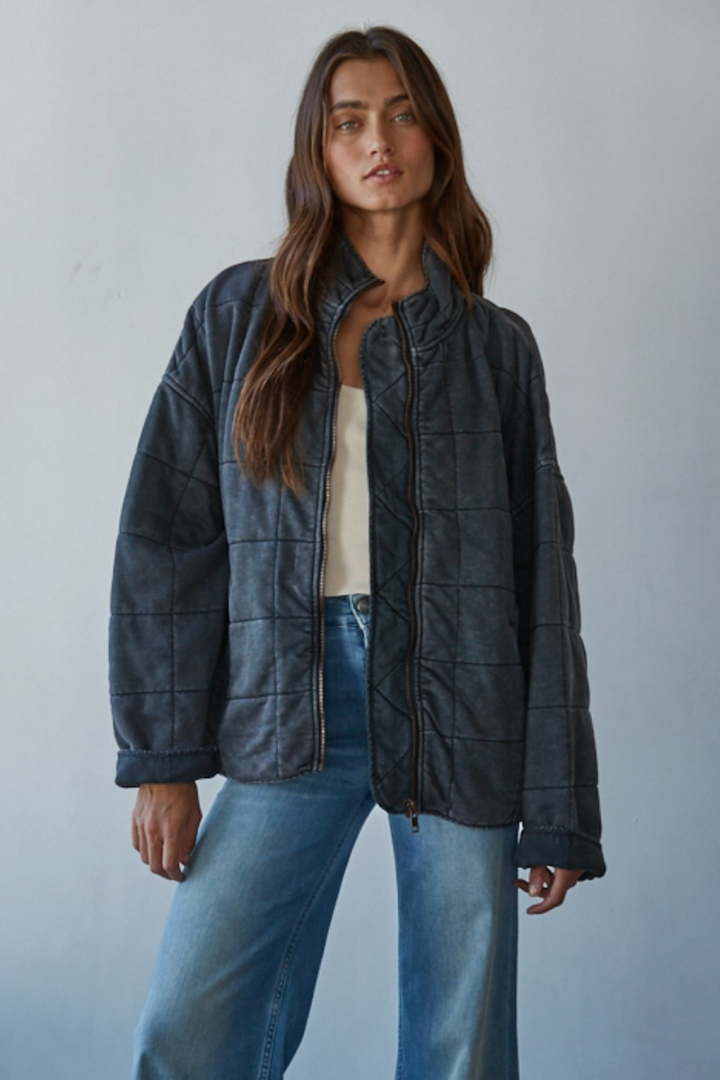 By Together - Long Sleeve Quilted Knit Mineral Washed Jacket in Charcoal