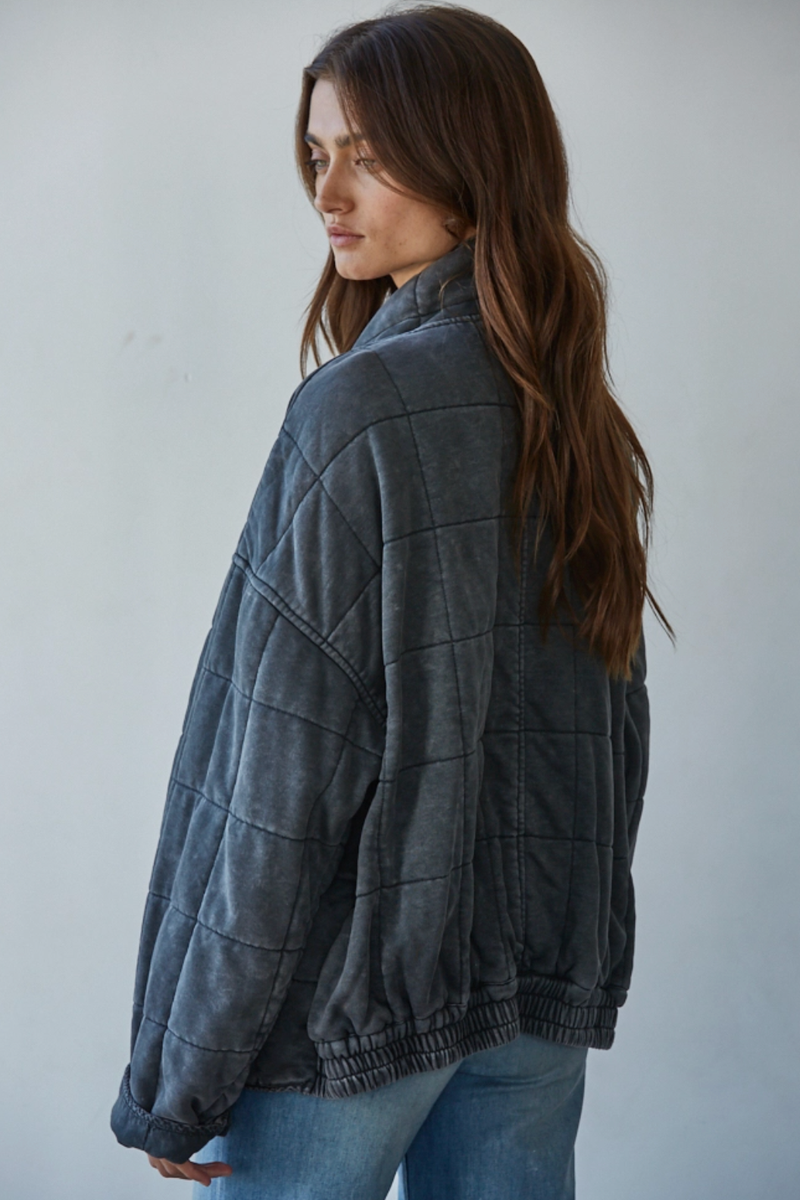 By Together - Long Sleeve Quilted Knit Mineral Washed Jacket in Charcoal
