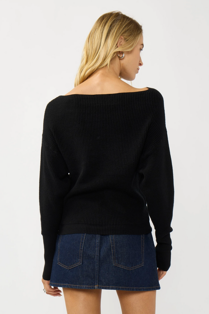 Lovestitch - Waffle Knit Long Sleeve Pullover Sweater in Black