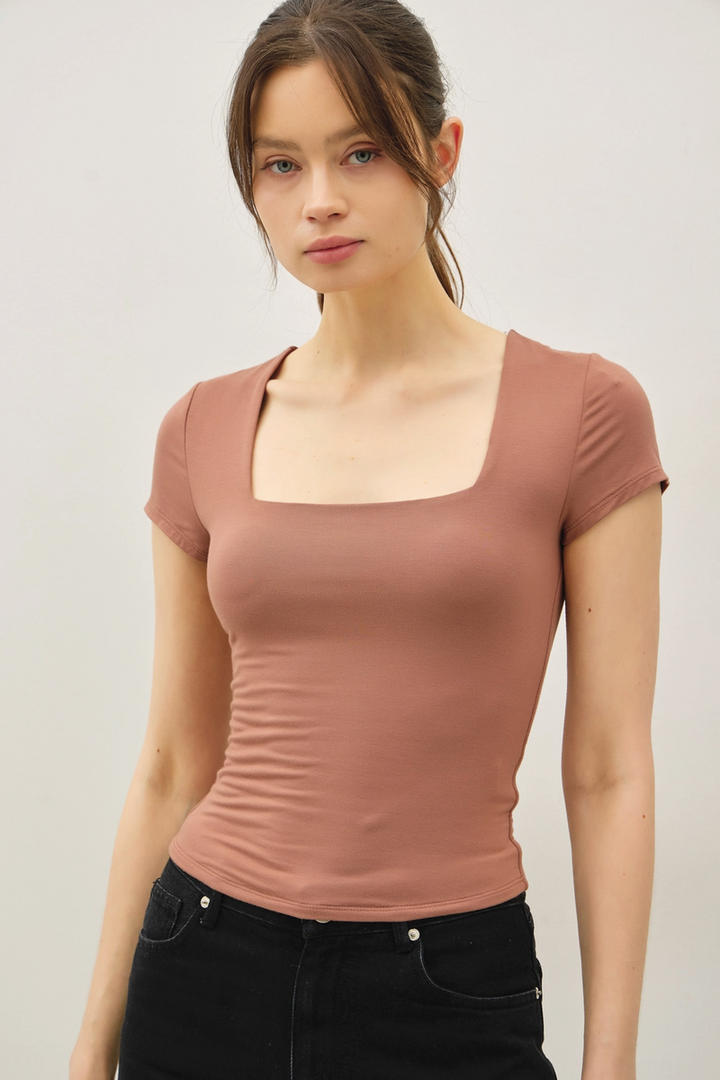 Be Cool - Square Neck Knit Tee in Chocolate Milk