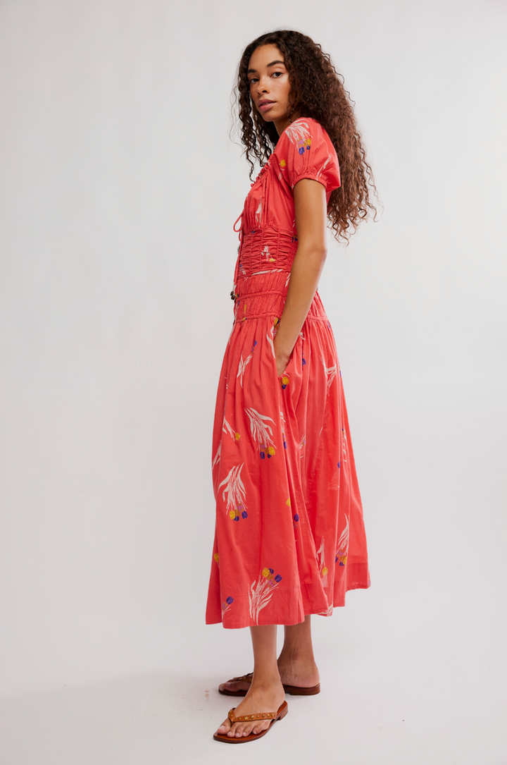 Free People - Complete Me Midi Dress in Coral Combo