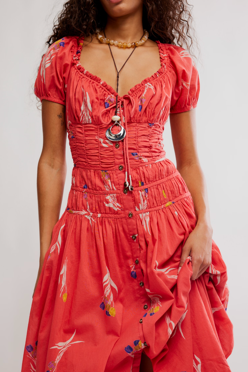 Free People - Complete Me Midi Dress in Coral Combo