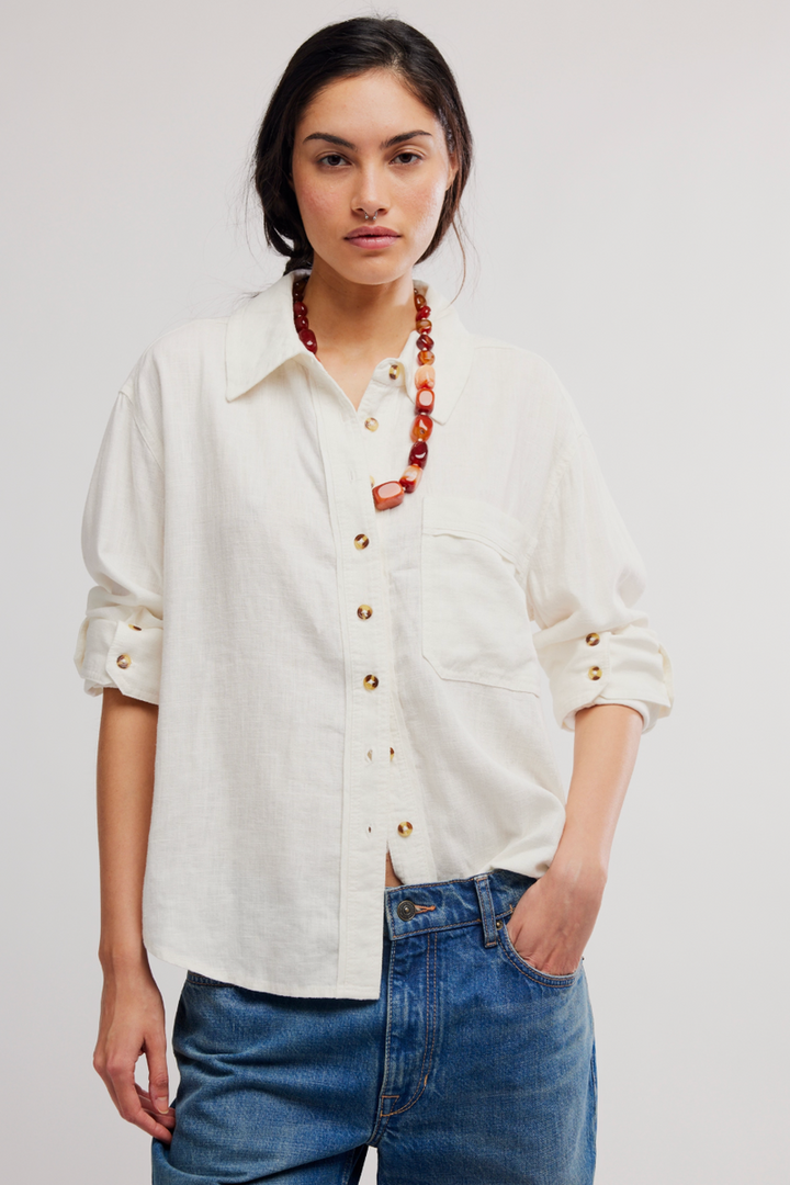 Free People - We the Free Laurel Linen Button Down Top in Clean Ivory