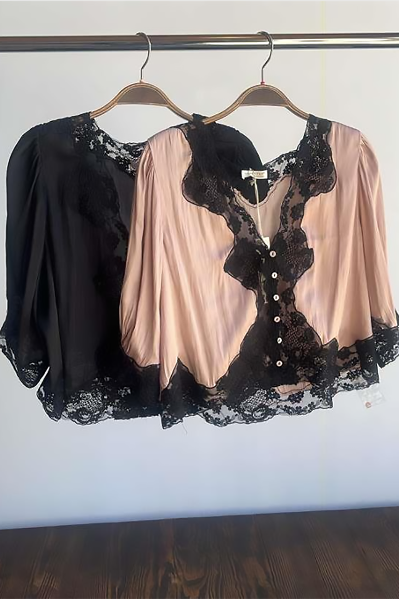 Lovestitch - V-Neck Button Front Top with Lace Trim