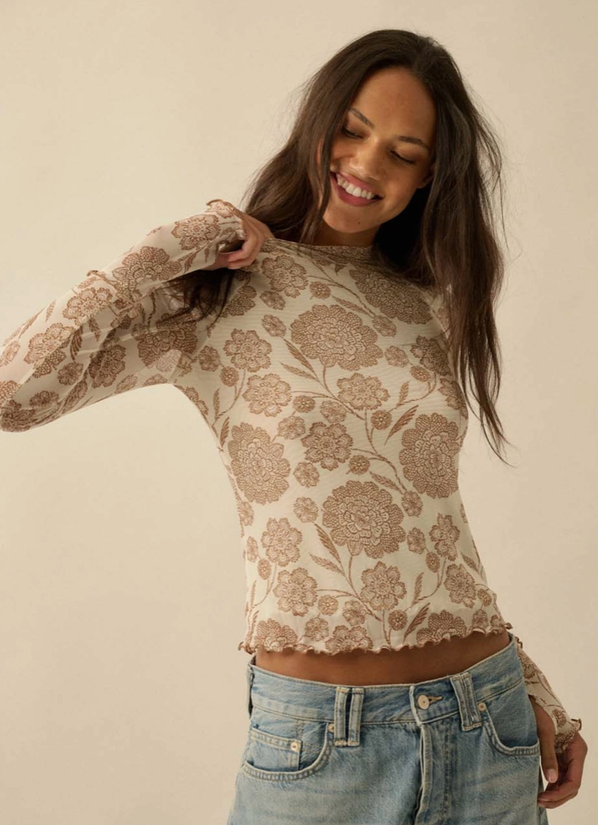 Promesa USA - Floral-Print Mesh Mock-Neck Raglan Top in Cream