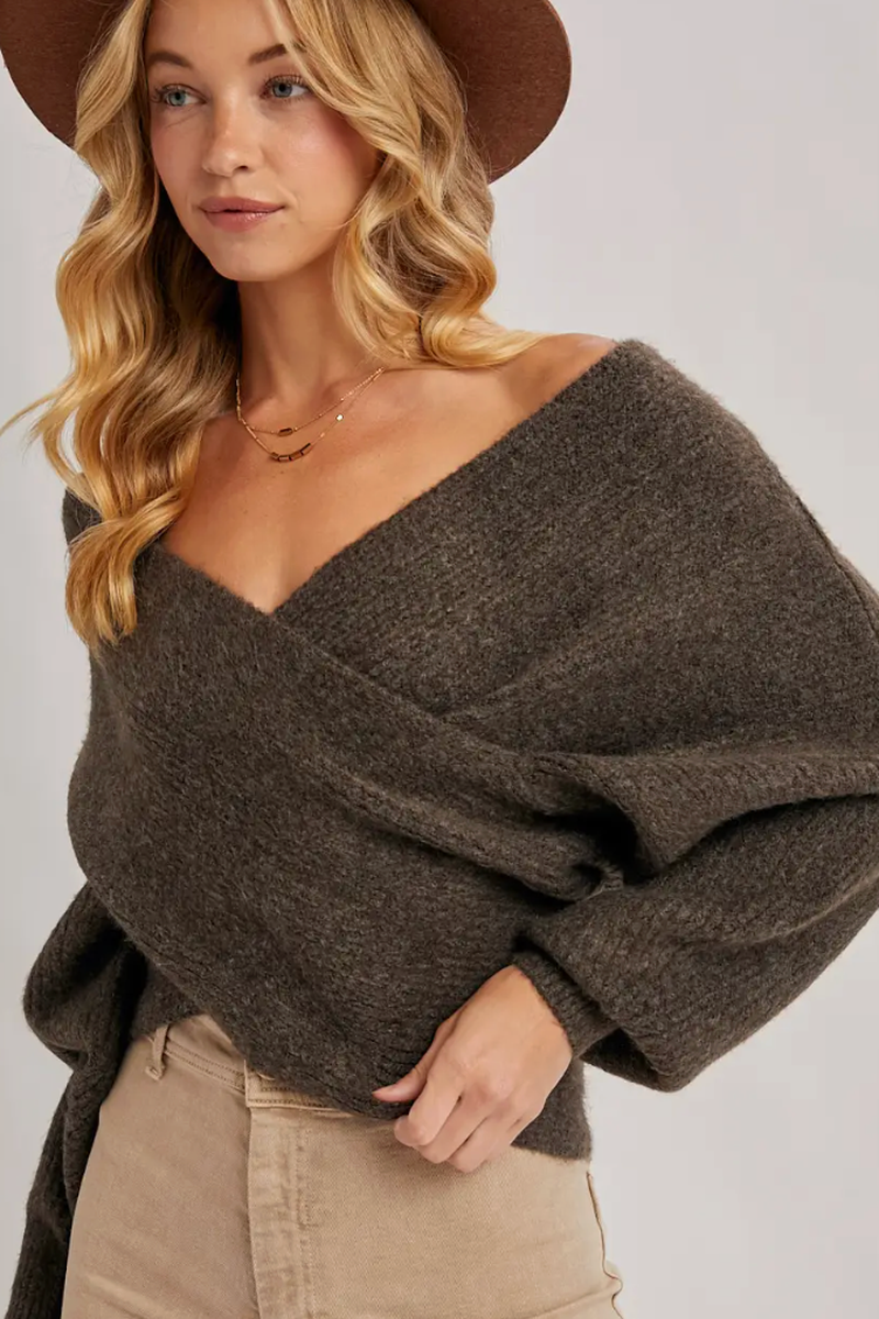 Bluivy - Wrap Crossover Ribbed Fuzzy Knit Sweater Pullover in Ash