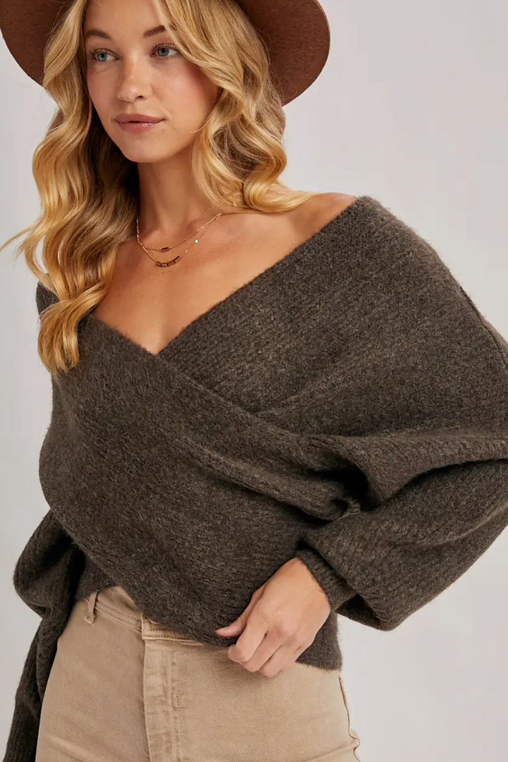 Bluivy - Wrap Crossover Ribbed Fuzzy Knit Sweater Pullover in Ash