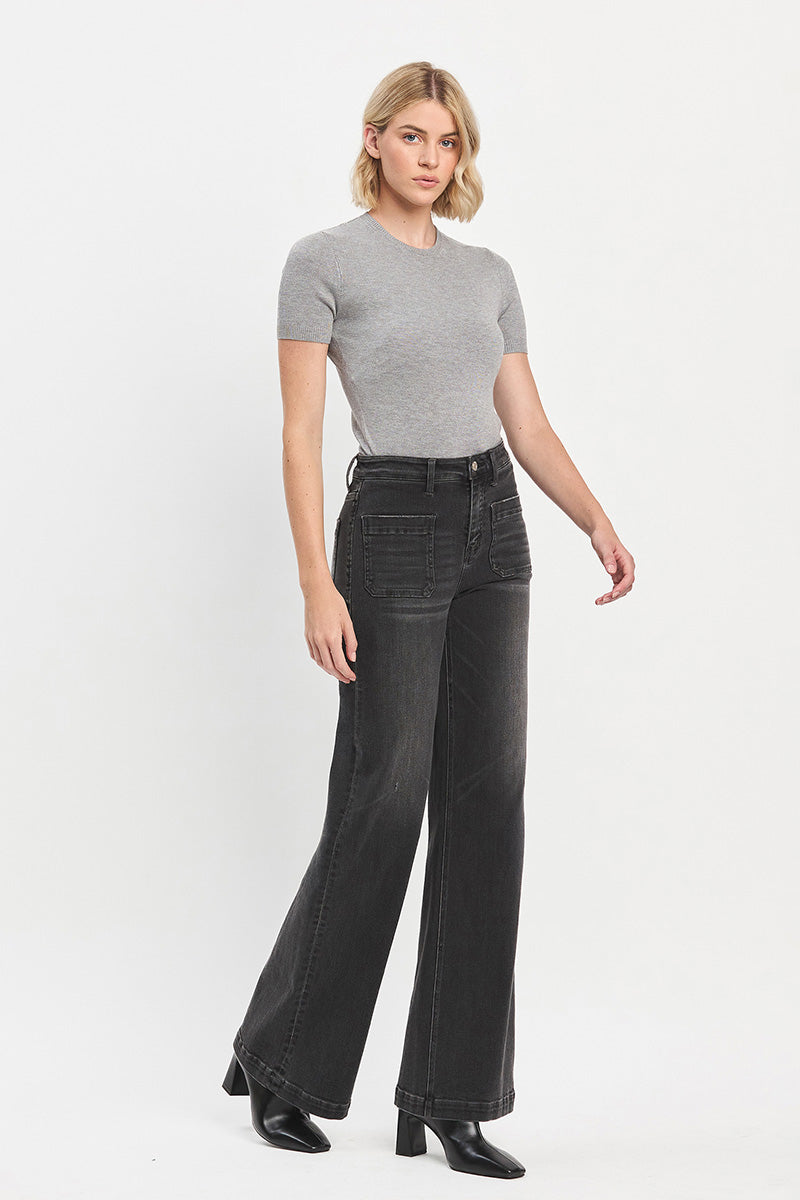 VERVET - High Rise Patch Pocket Black Wide Trouser Jeans