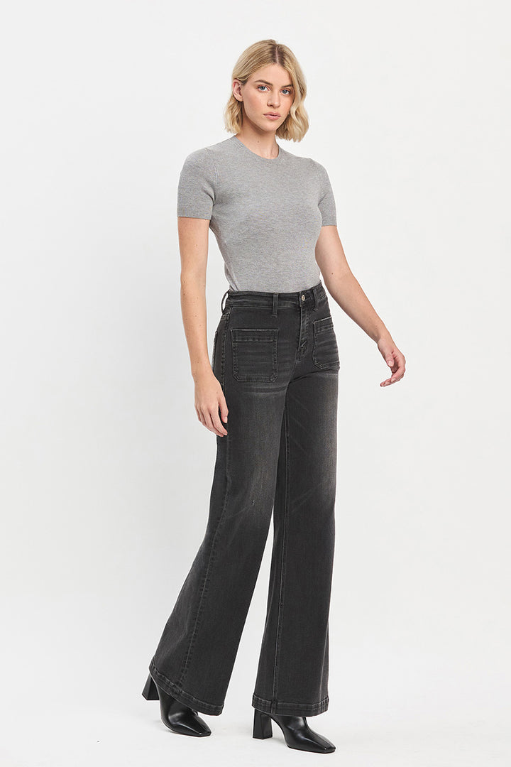 VERVET - High Rise Patch Pocket Black Wide Trouser Jeans