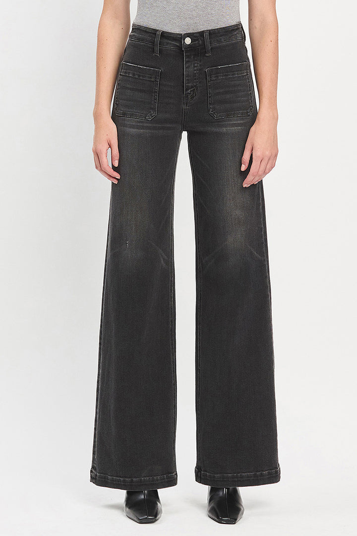 VERVET - High Rise Patch Pocket Black Wide Trouser Jeans
