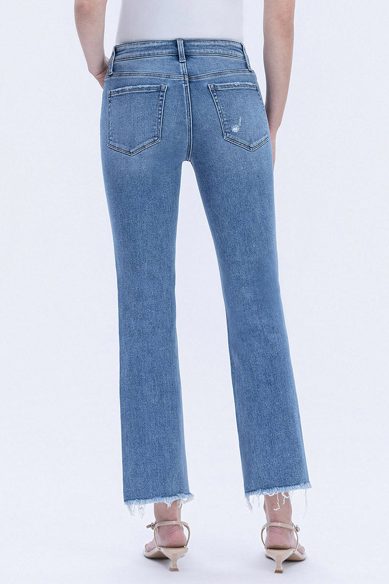 VERVET - Mid Rise Medium Wash Raw Hem Crop Straight Jeans