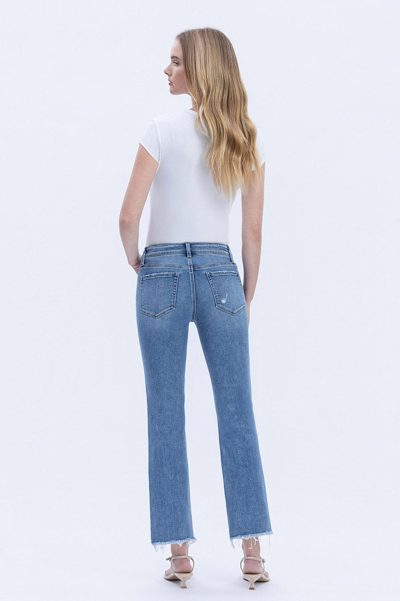 VERVET - Mid Rise Medium Wash Raw Hem Crop Straight Jeans