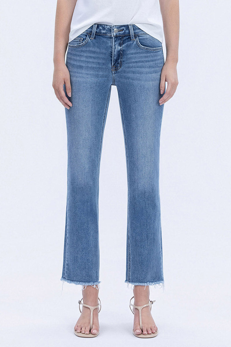 VERVET - Mid Rise Medium Wash Raw Hem Crop Straight Jeans