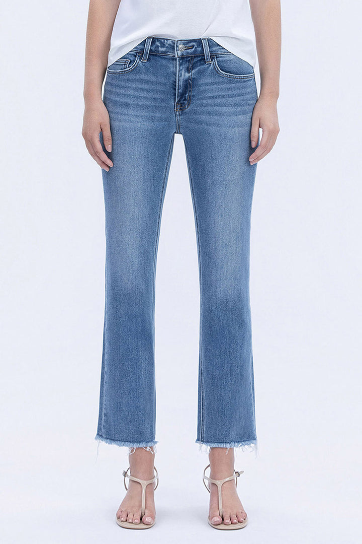 VERVET - Mid Rise Medium Wash Raw Hem Crop Straight Jeans