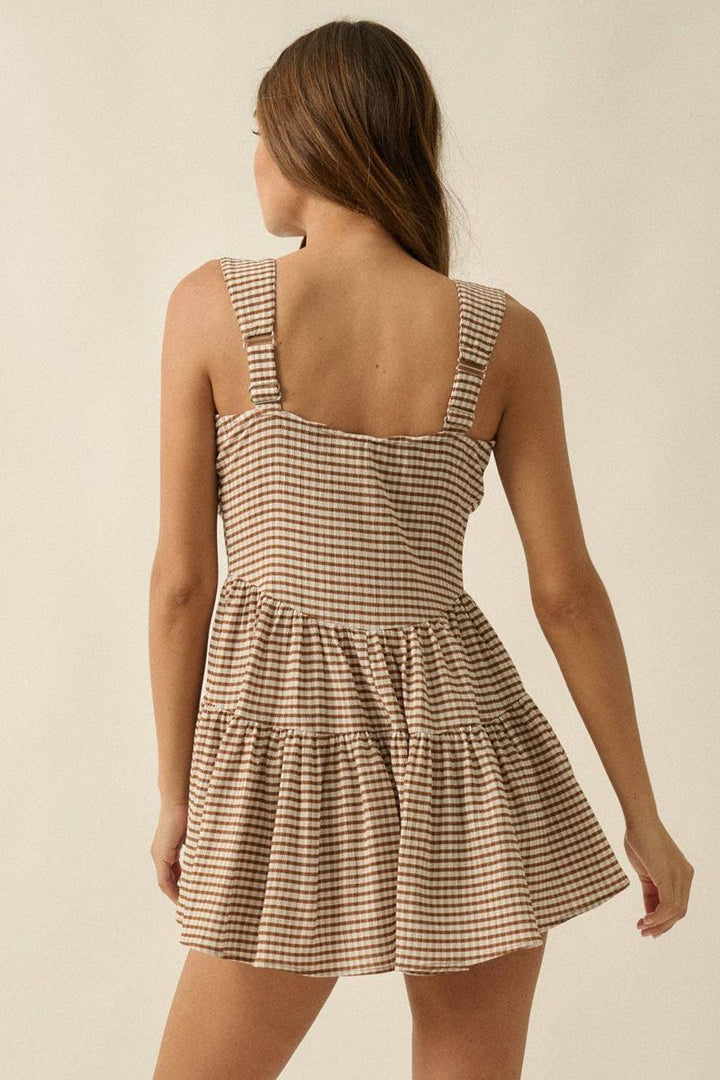 Promesa USA - Gingham Sleeveless Fit-and-Flare Tiered Ruffle Romper in Brown