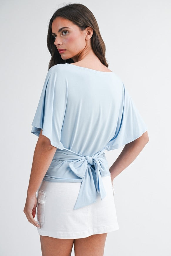 AEMI + CO - Draped Short Sleeve Back Tie Top