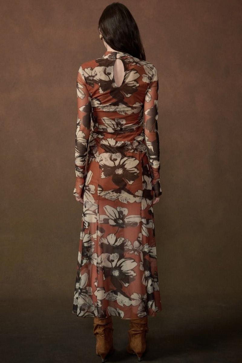 Promesa USA - Floral-Print Mesh Mock-Neck Thumbhole Maxi Dress