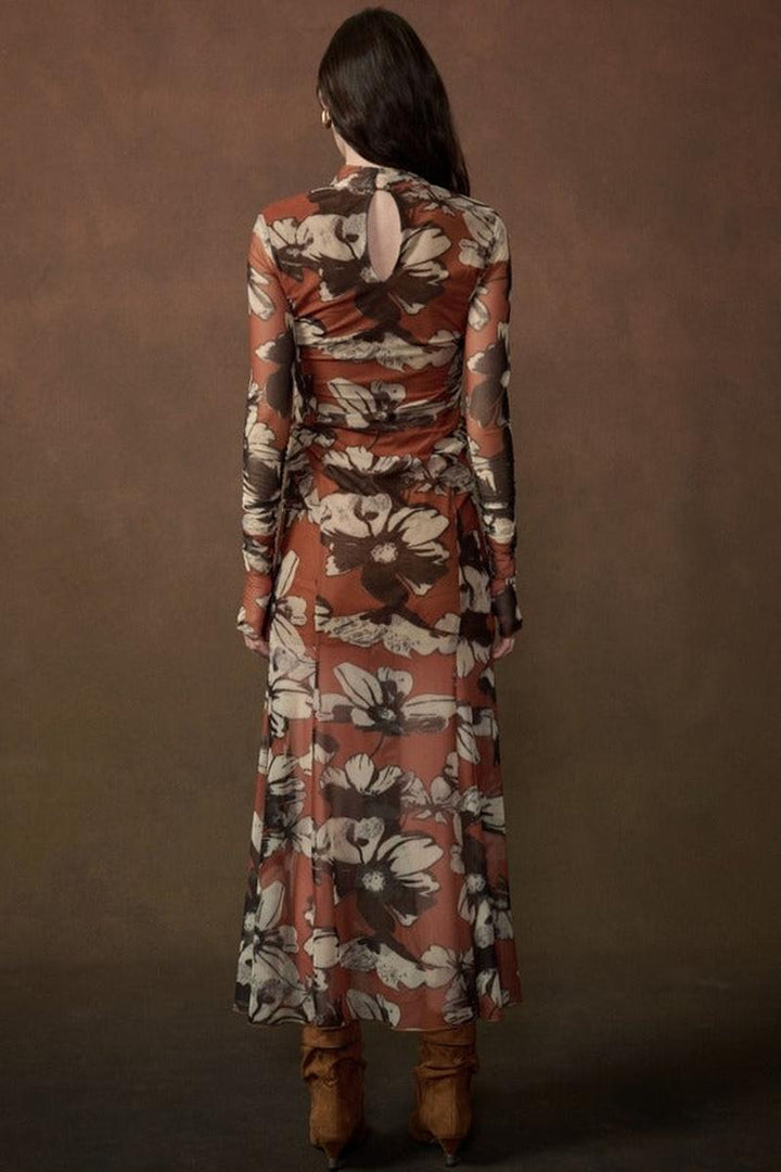 Promesa USA - Floral-Print Mesh Mock-Neck Thumbhole Maxi Dress