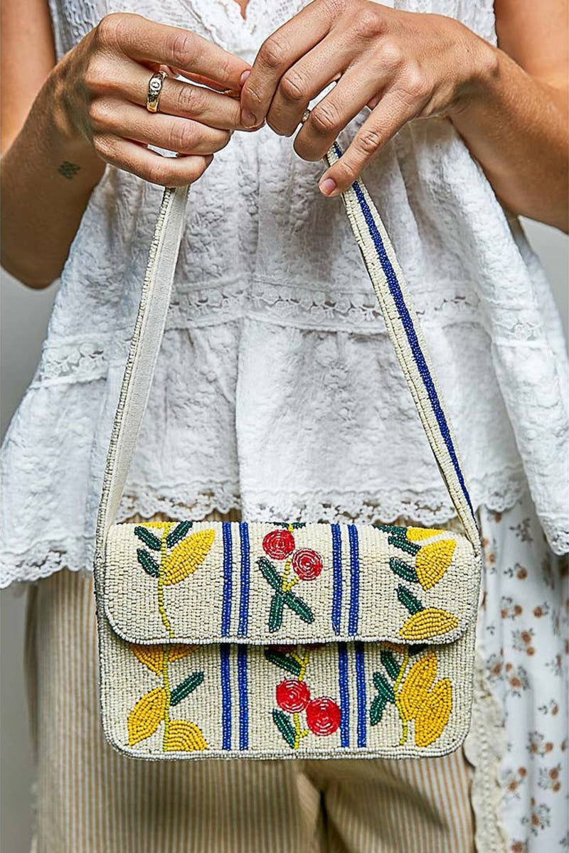 Pol Clothing - Beaded Cherry Pattern Flap Shoulder Bag