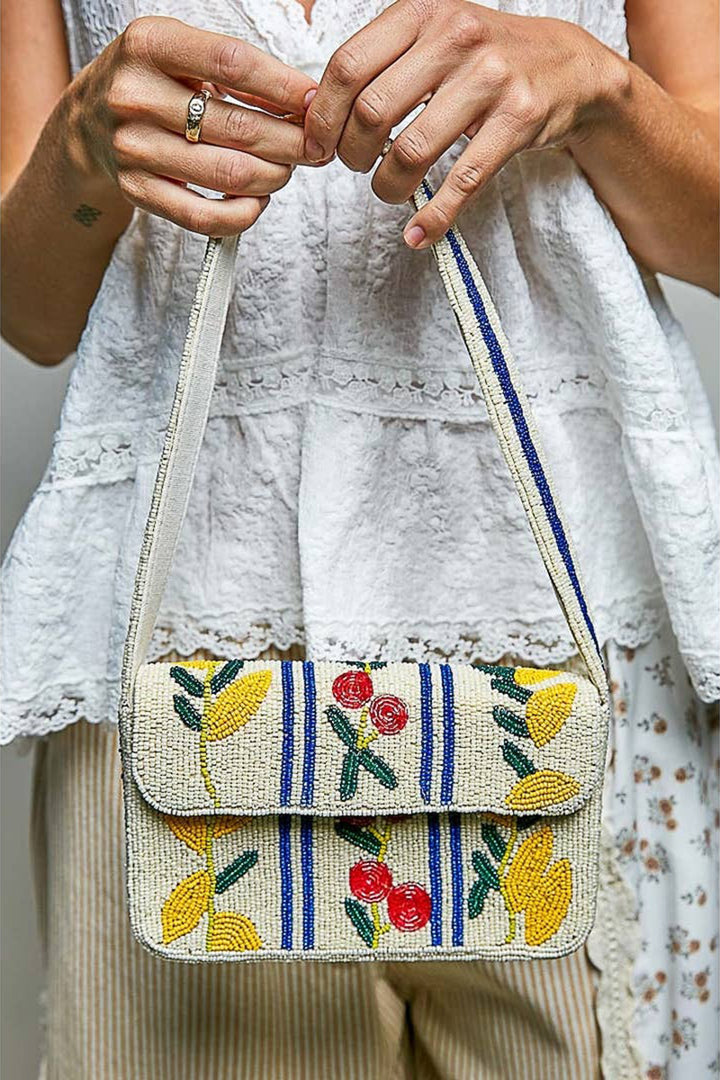 Pol Clothing - Beaded Cherry Pattern Flap Shoulder Bag