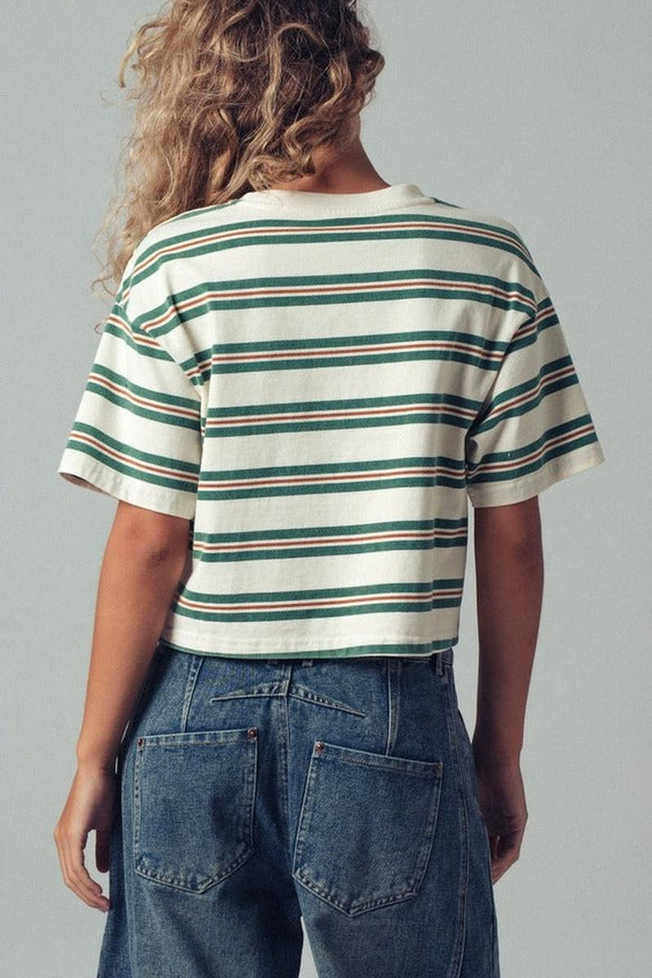 Urban Daizy - Vintage Washed Striped Cotton Crop Tee in Ivory Green