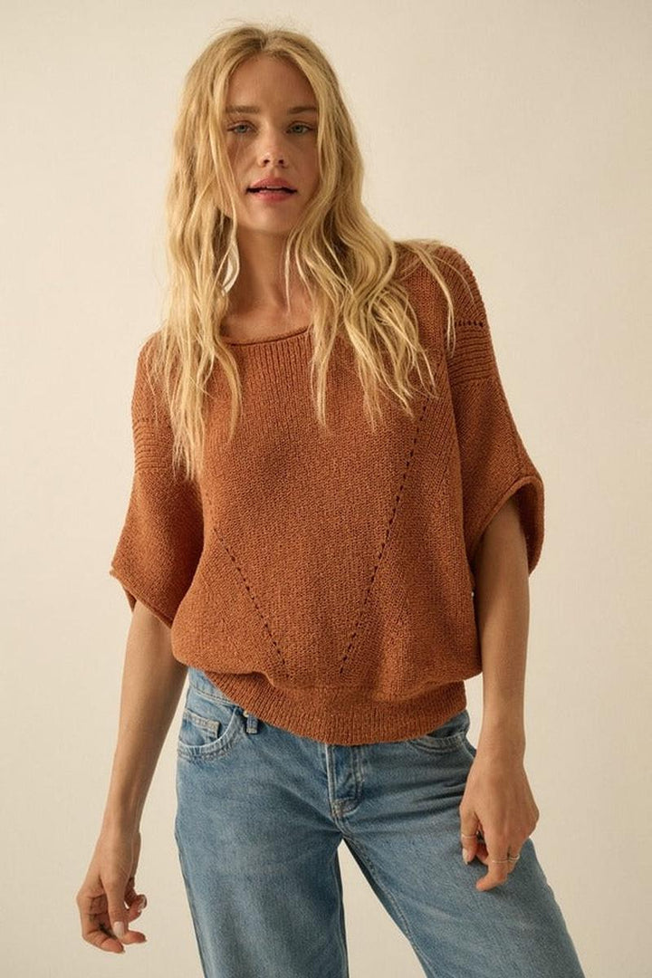 Promesa USA - Short-Sleeve Pointelle Ribbed Knit Sweater in Sunburn