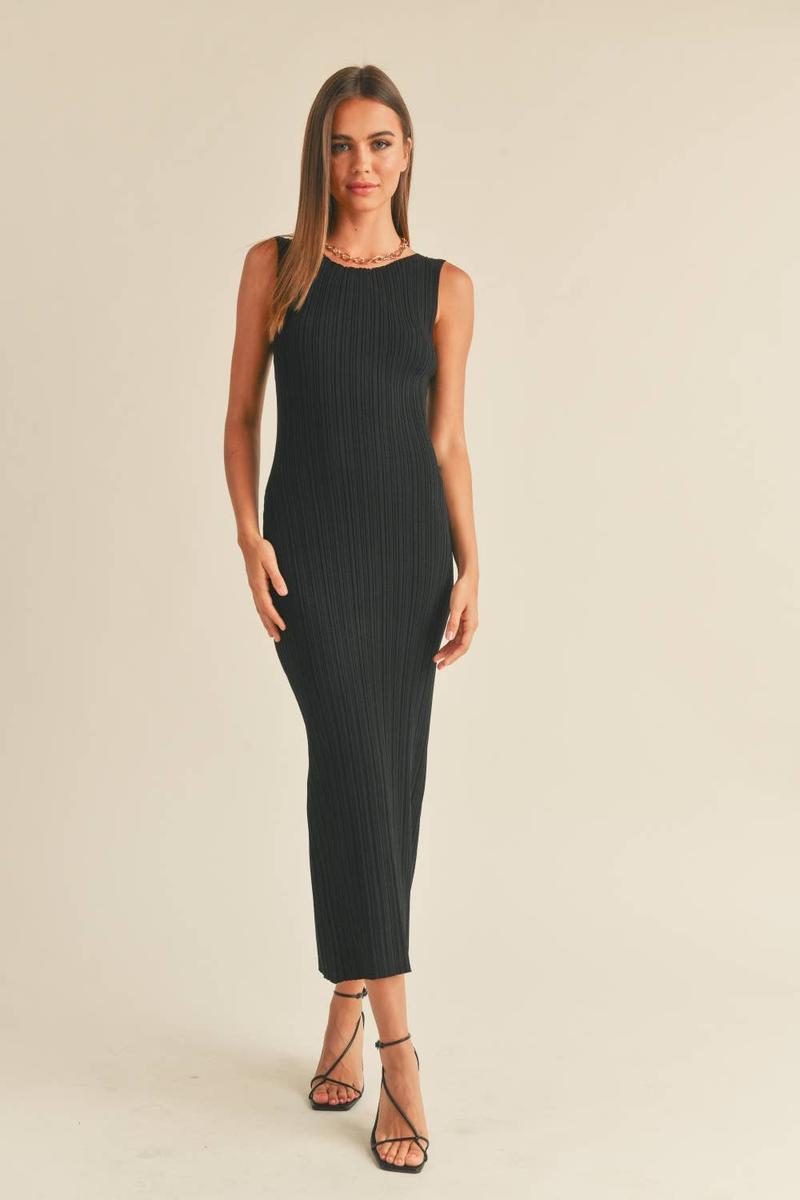 Miou Muse - Striped Rib Knit Midi Dress in Black