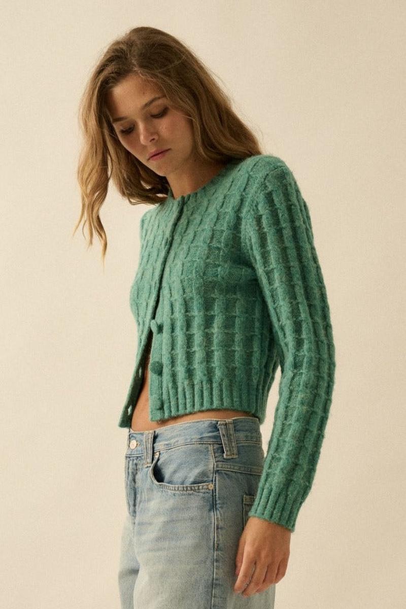 Promesa USA - Cable Knit Button-Up Cardigan Sweater in Pine