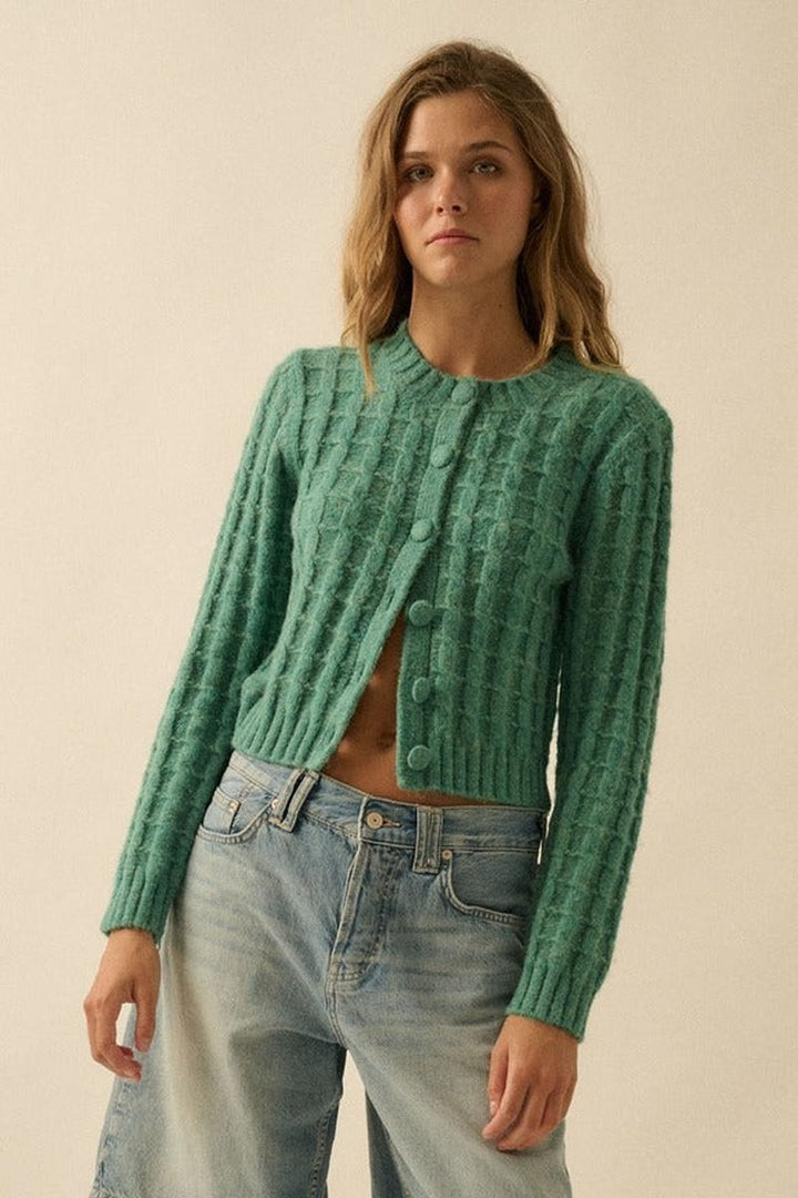 Promesa USA - Cable Knit Button-Up Cardigan Sweater in Pine