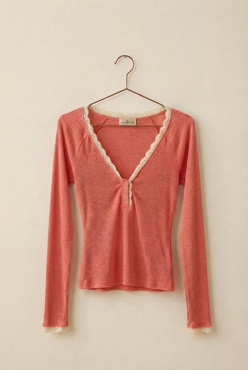 Urban Daizy - Lace Trim Slub Knit Henley Long Sleeve Top